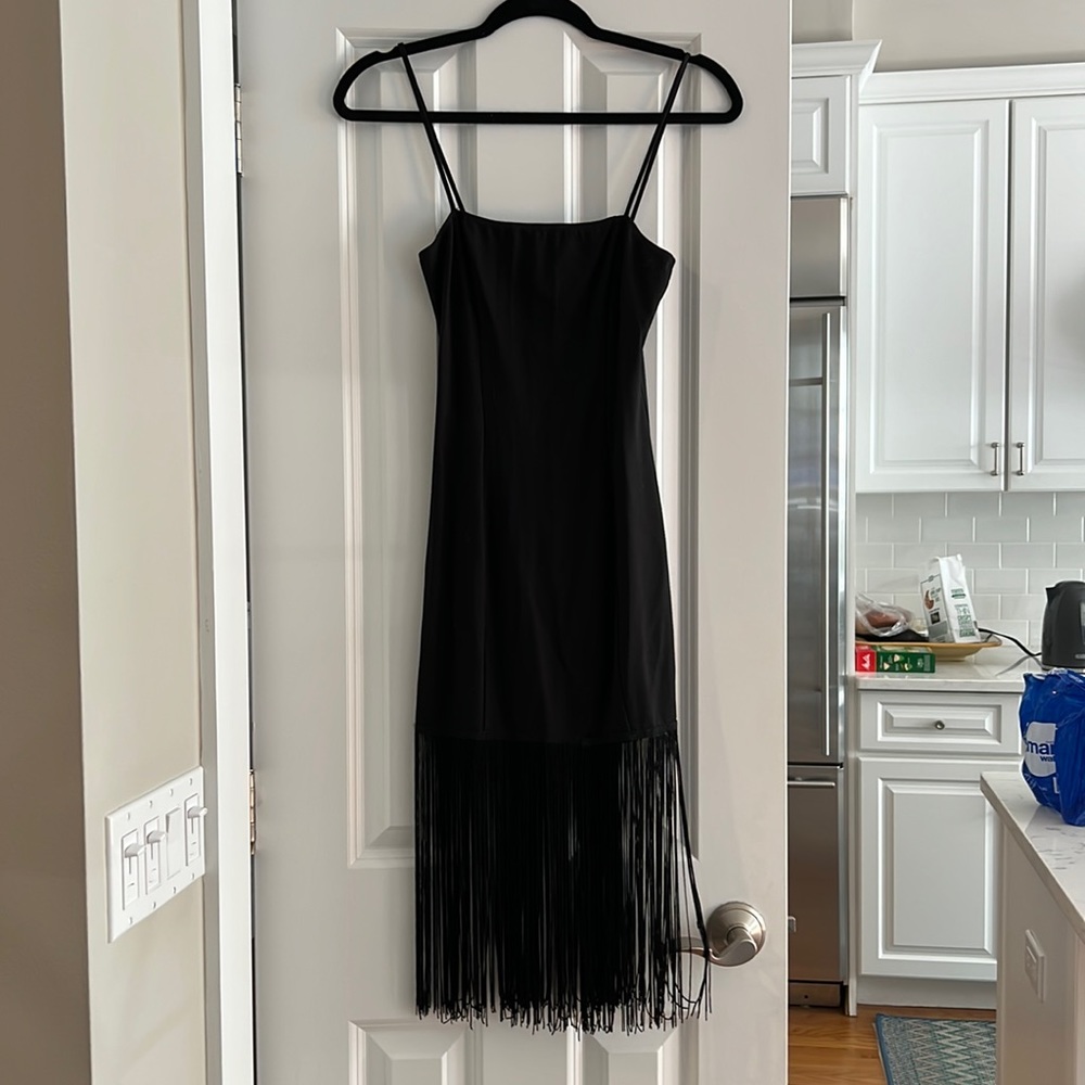 Reformation black fringe dress size s